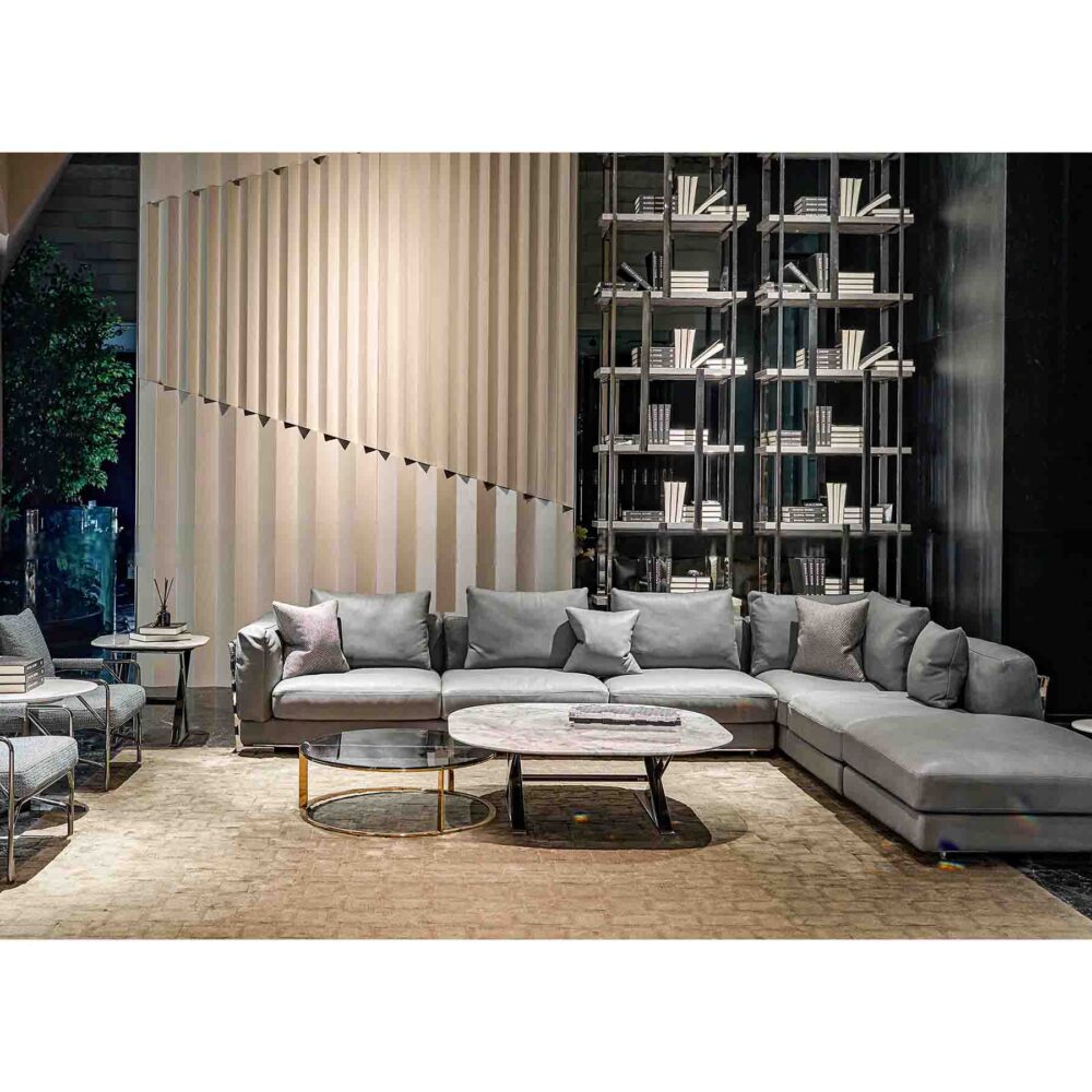 Italian metal frame sectional sofa in stylish Nubuck leather for UAE luxury interiors