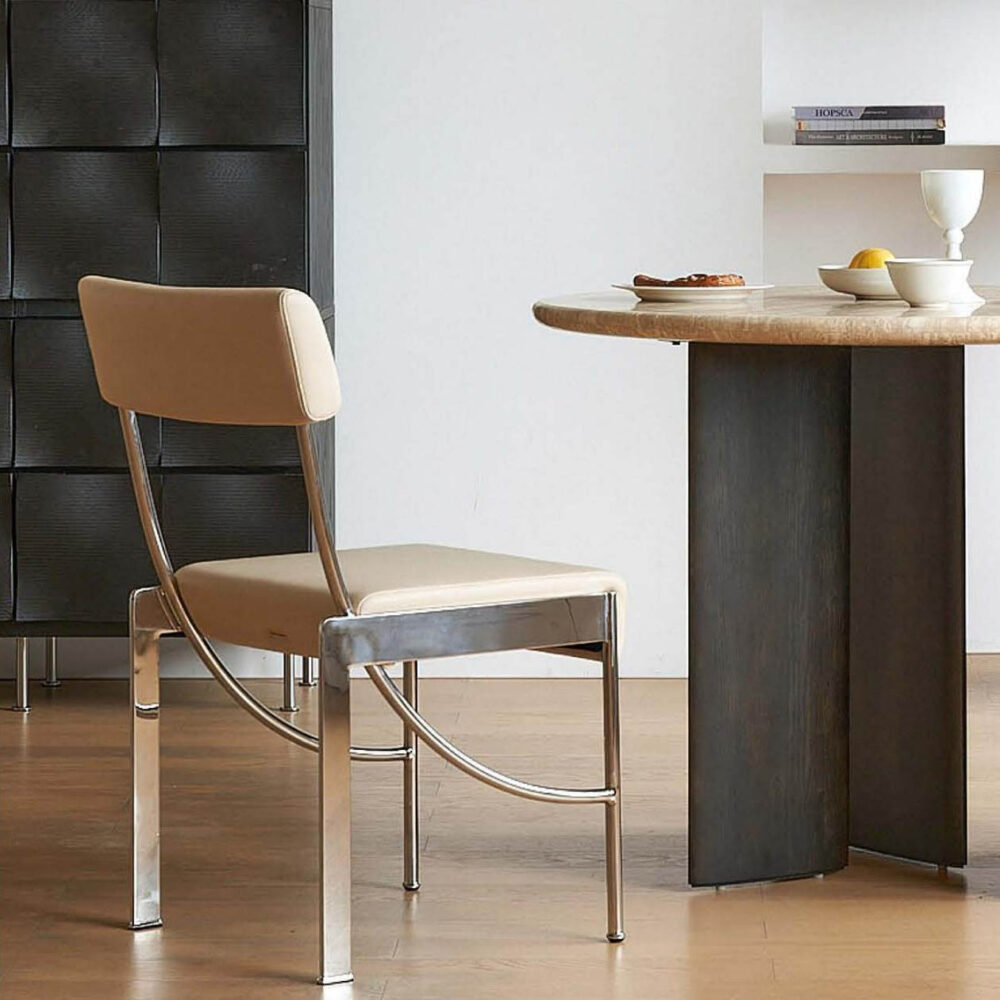 Ivory Beige Leather Lounge Chair with Stainless Steel Frame – Soft Neutral Tone for Elegant Interiors