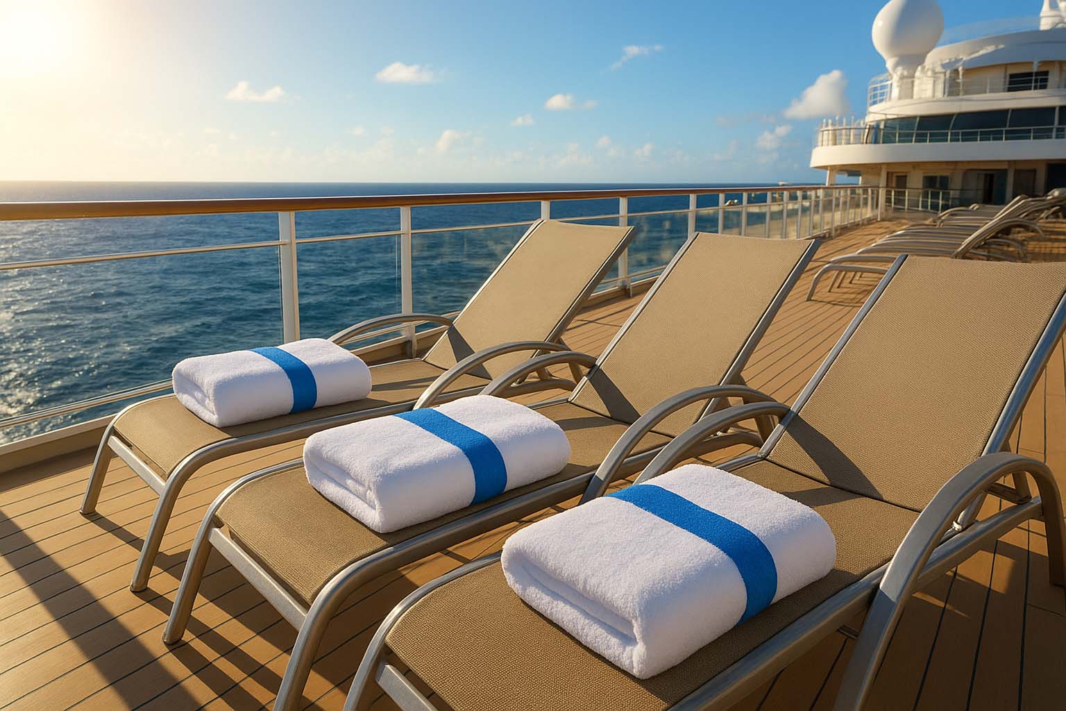 Luxury cruise ship sun deck with lounge chairs neatly arranged, each featuring a folded white towel secured with a blue towel band under bright sunlight and ocean view.