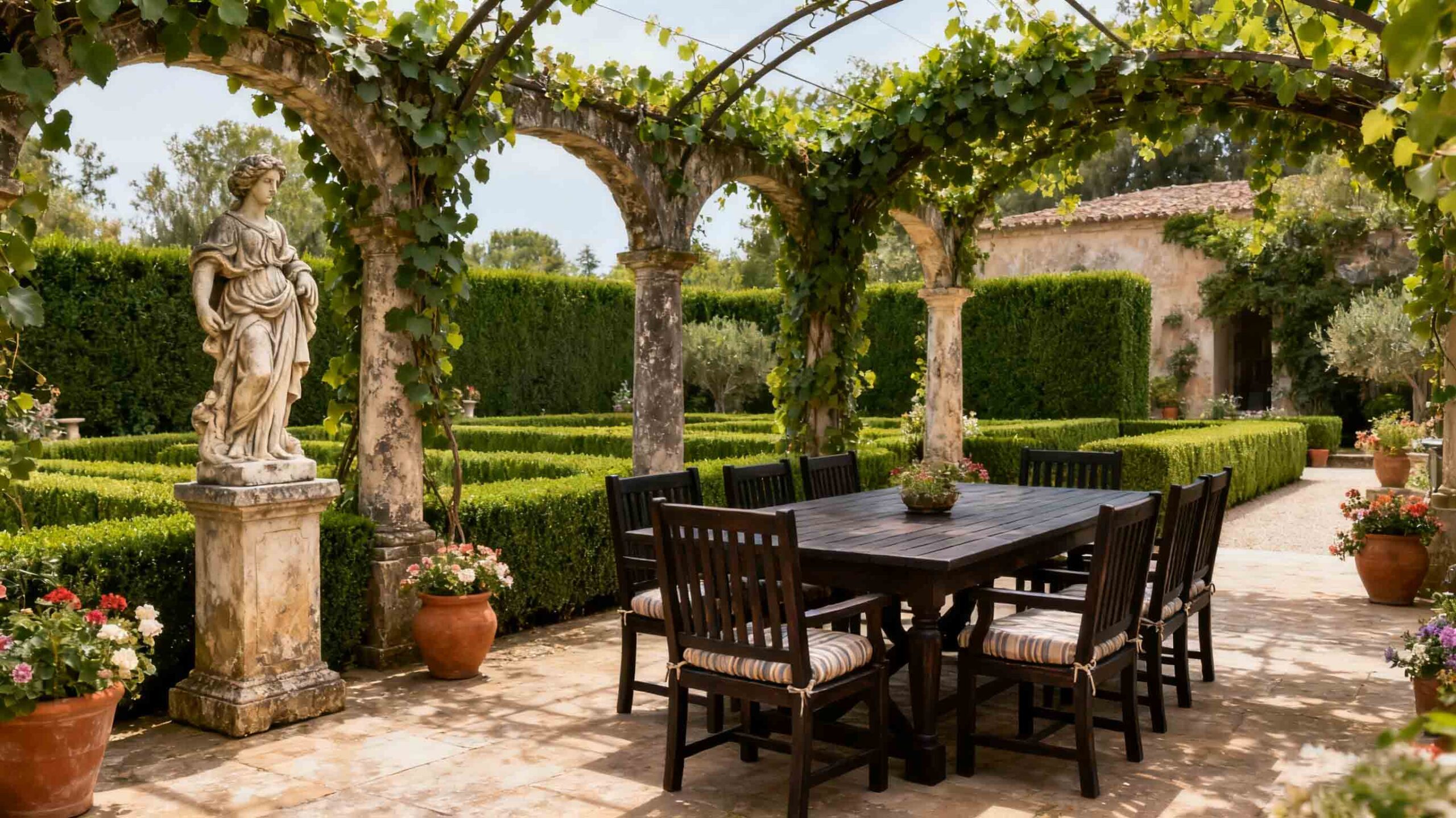 Outdoor dining table with Chairs decorate with plant Natural Style.