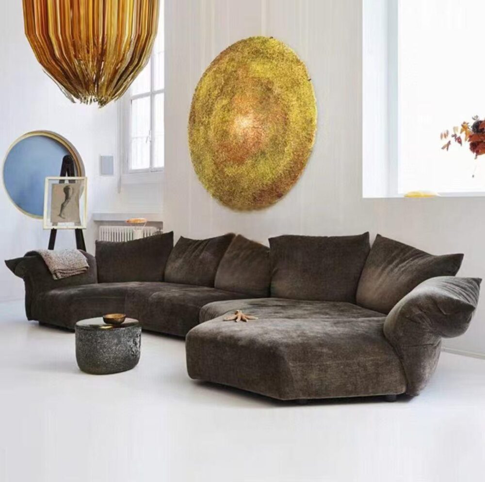 Soft and cozy petal-style sofa in chenille fabric, designed for modern minimalist interiors with adjustable lumbar comfort.