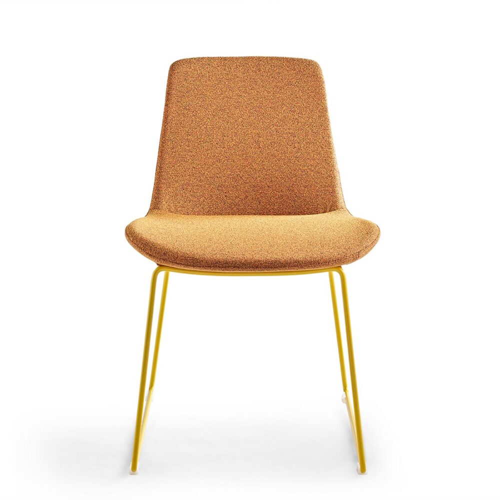 Designer Dining Chair with Warm Tones and Metal Sled Legs