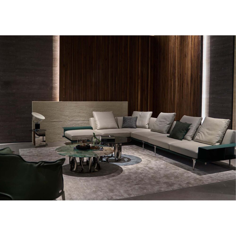 Designer living room furniture featuring emerald green marble table