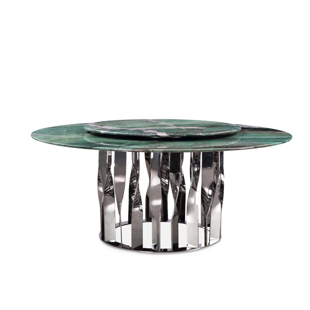 Front view of round green marble dining table with rotating Lazy Susan and artistic spiral metal base on white background