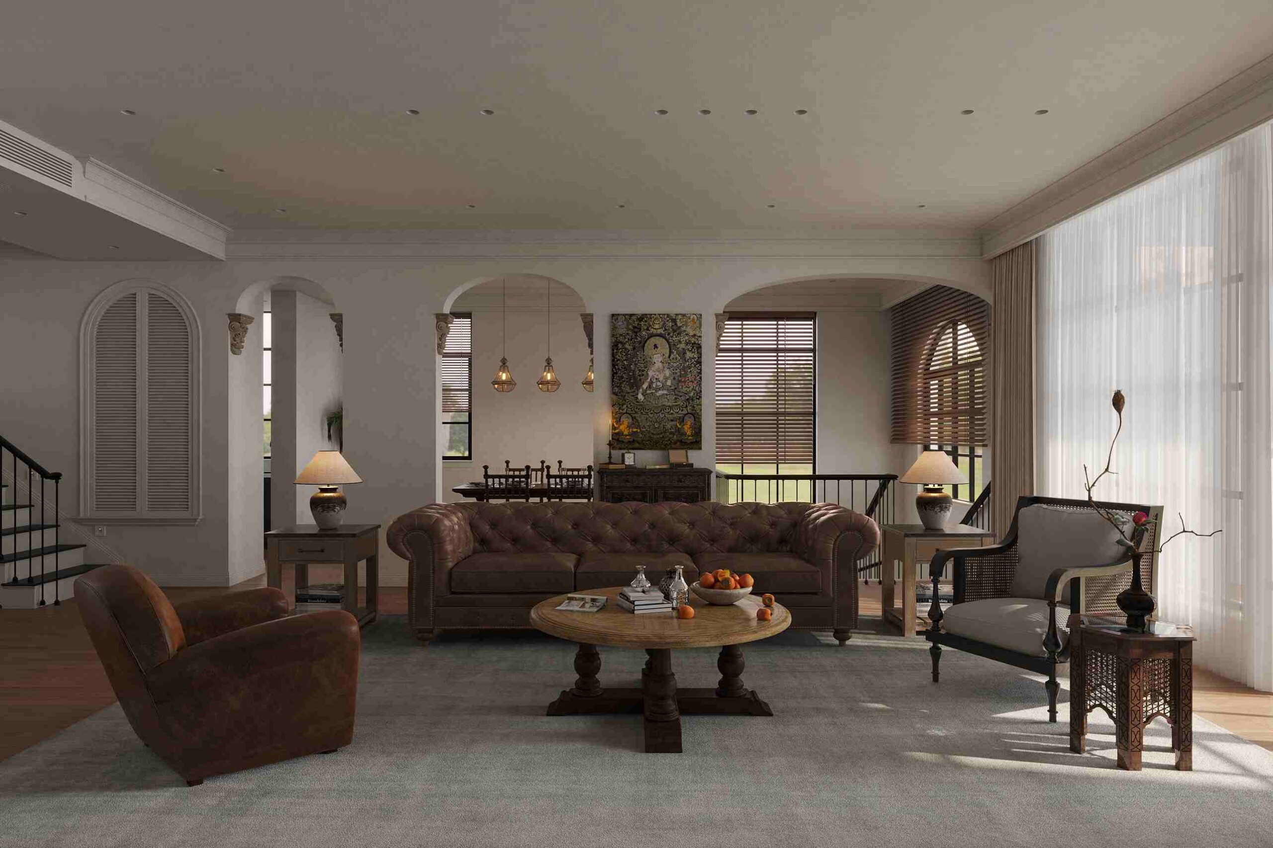 Salon de style français vintage avec canapés classiques, fauteuils assortis, et des accents de décoration élégants(1)