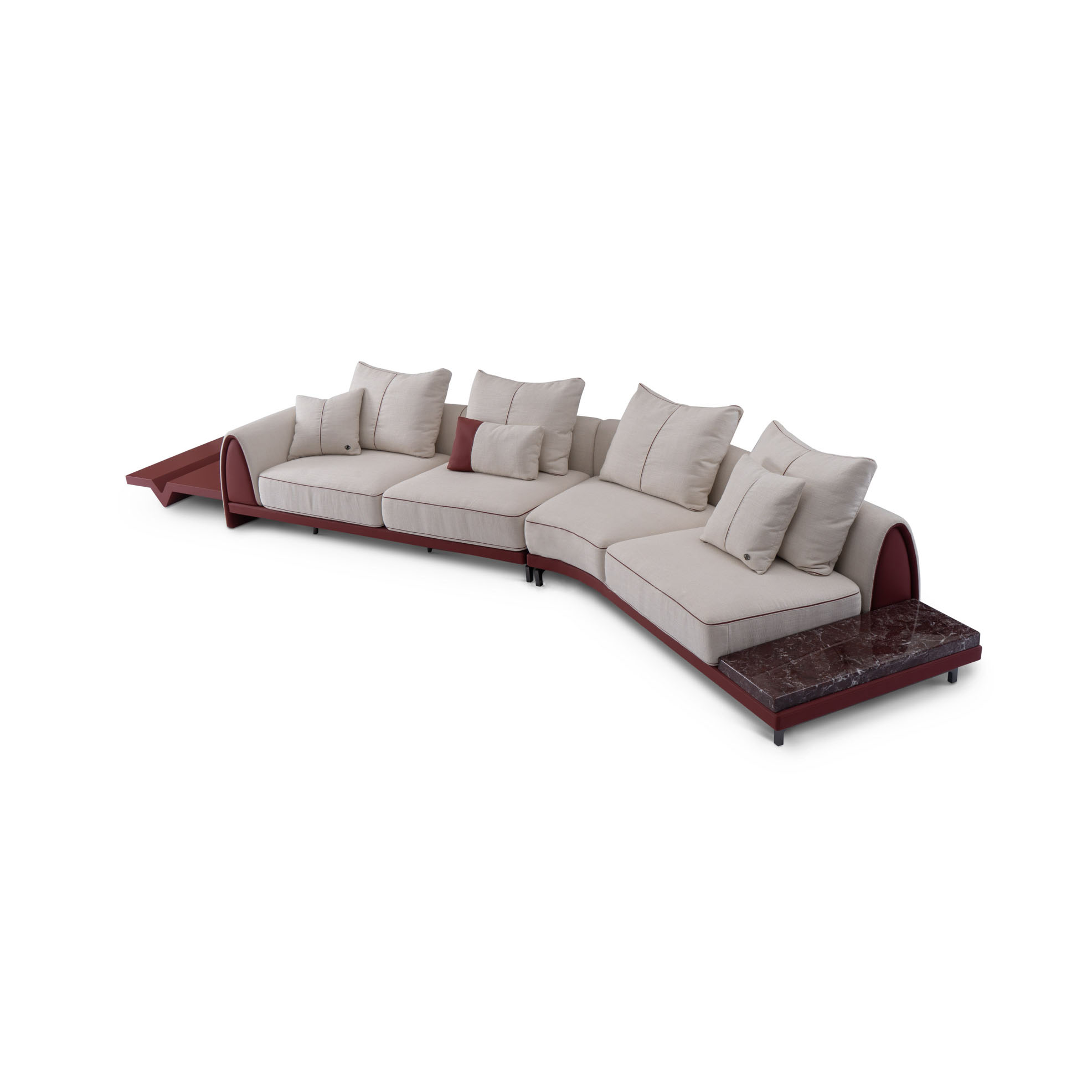 Classic Luxury Modular Sofa in Burgundy Red with Marble Side Table on White Background
