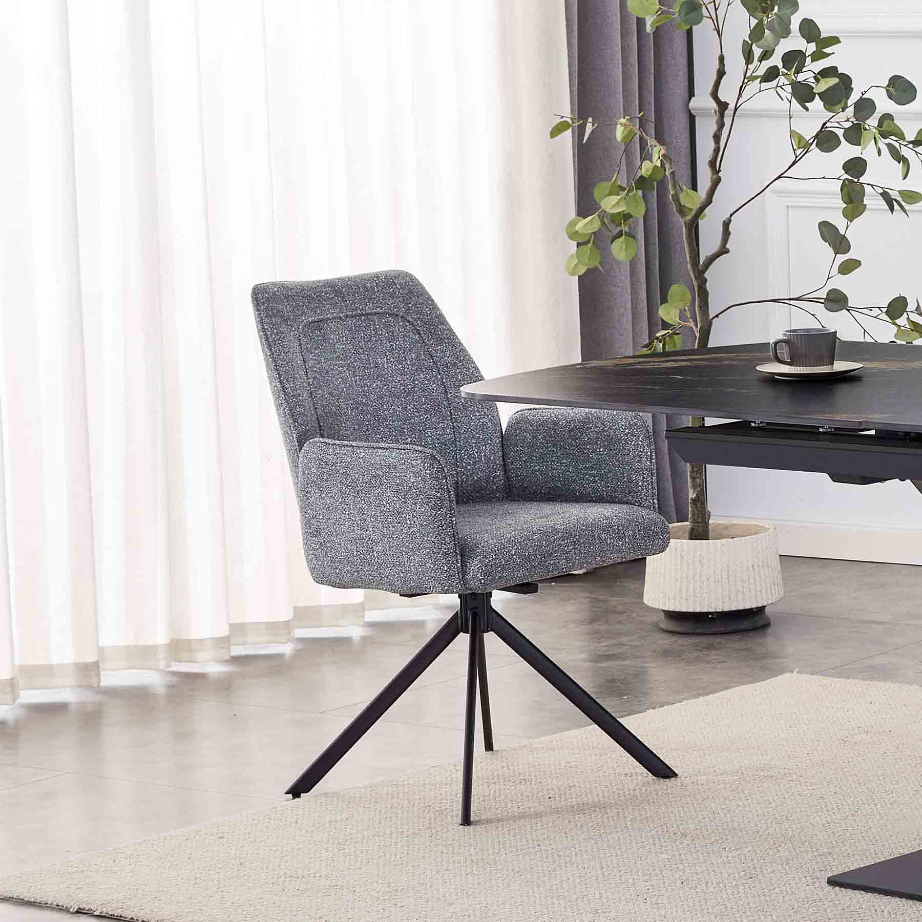 Fabric dining chair with armrests in grey