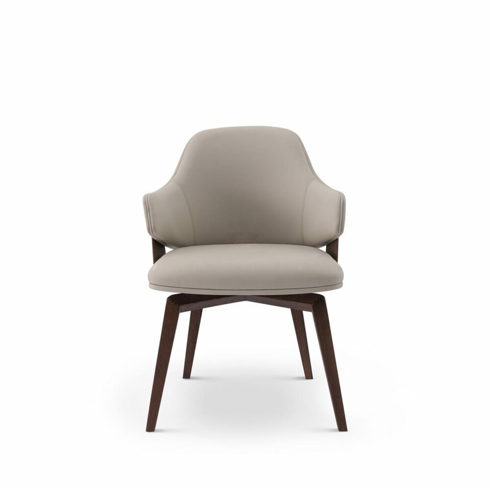 Front face-Luxury ivory leather dining chair with solid wood legs