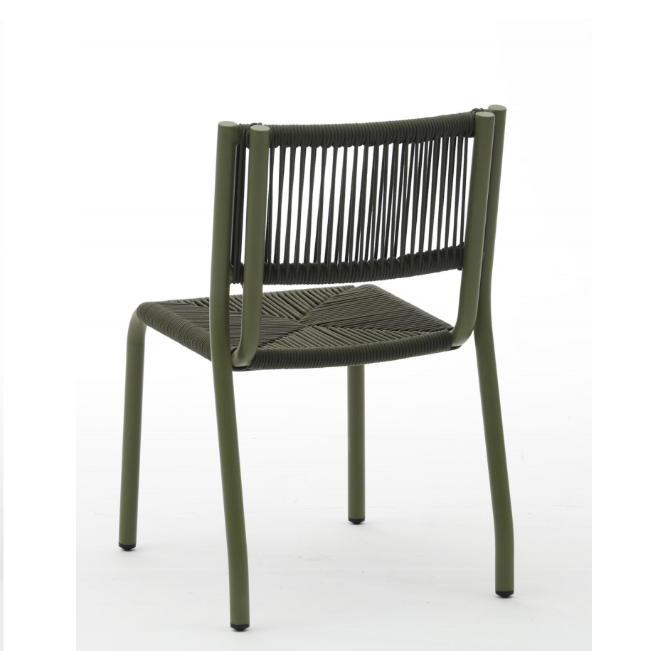 Green rope patio chair with rust-proof aluminum legs, back view