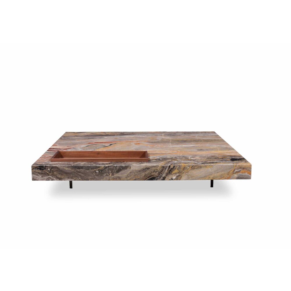 Italian Minimalist Marble Floating Coffee Table with Built-in Wooden Tray – Front View on White Background