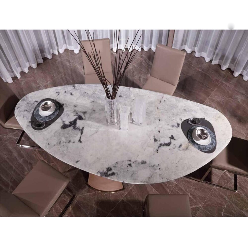Modern classic leather chair and luxury dining table with marble top in upscale restaurant environment
