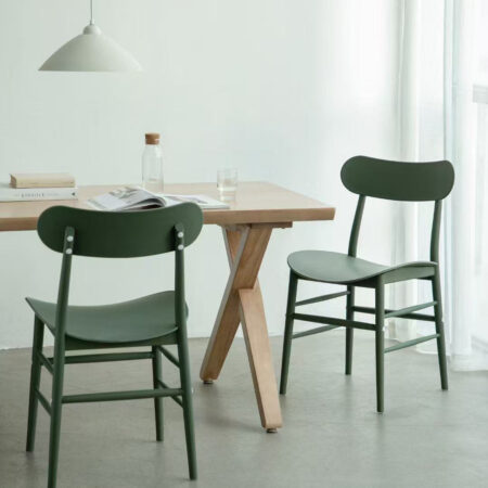 Olive green dining chair paired with a matching table in a modern setup