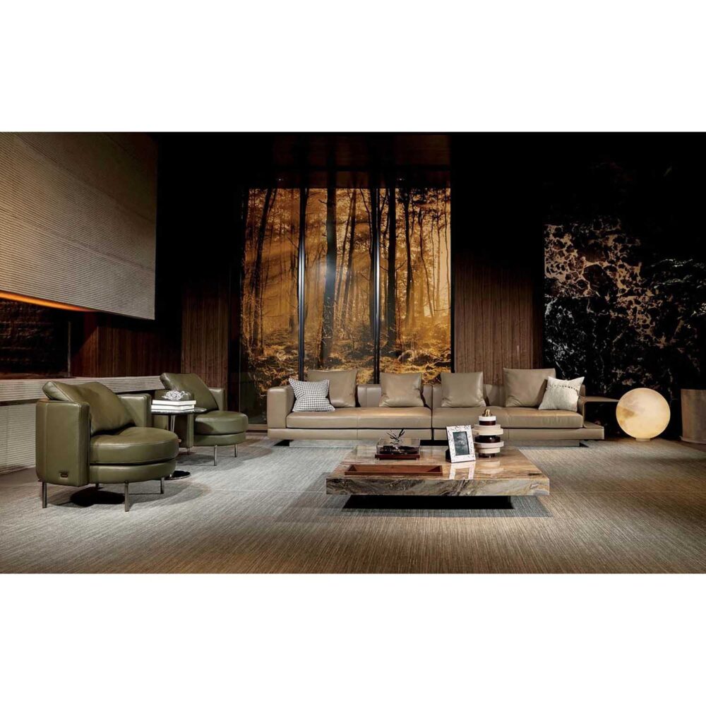Showroom Setup with Floating Marble Coffee Table and High-End Villa Furnishings