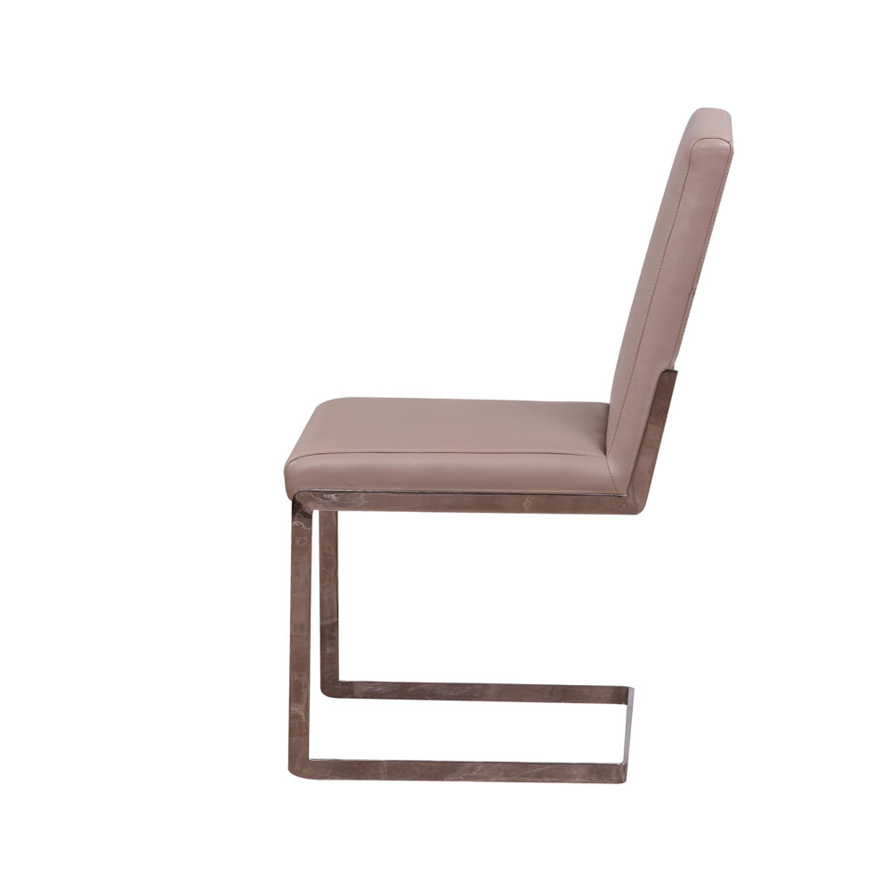 Side view of vintage-inspired dining chair with gold legs and premium leather seat