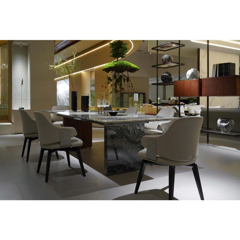 showroom display with Italian leather dining chairs