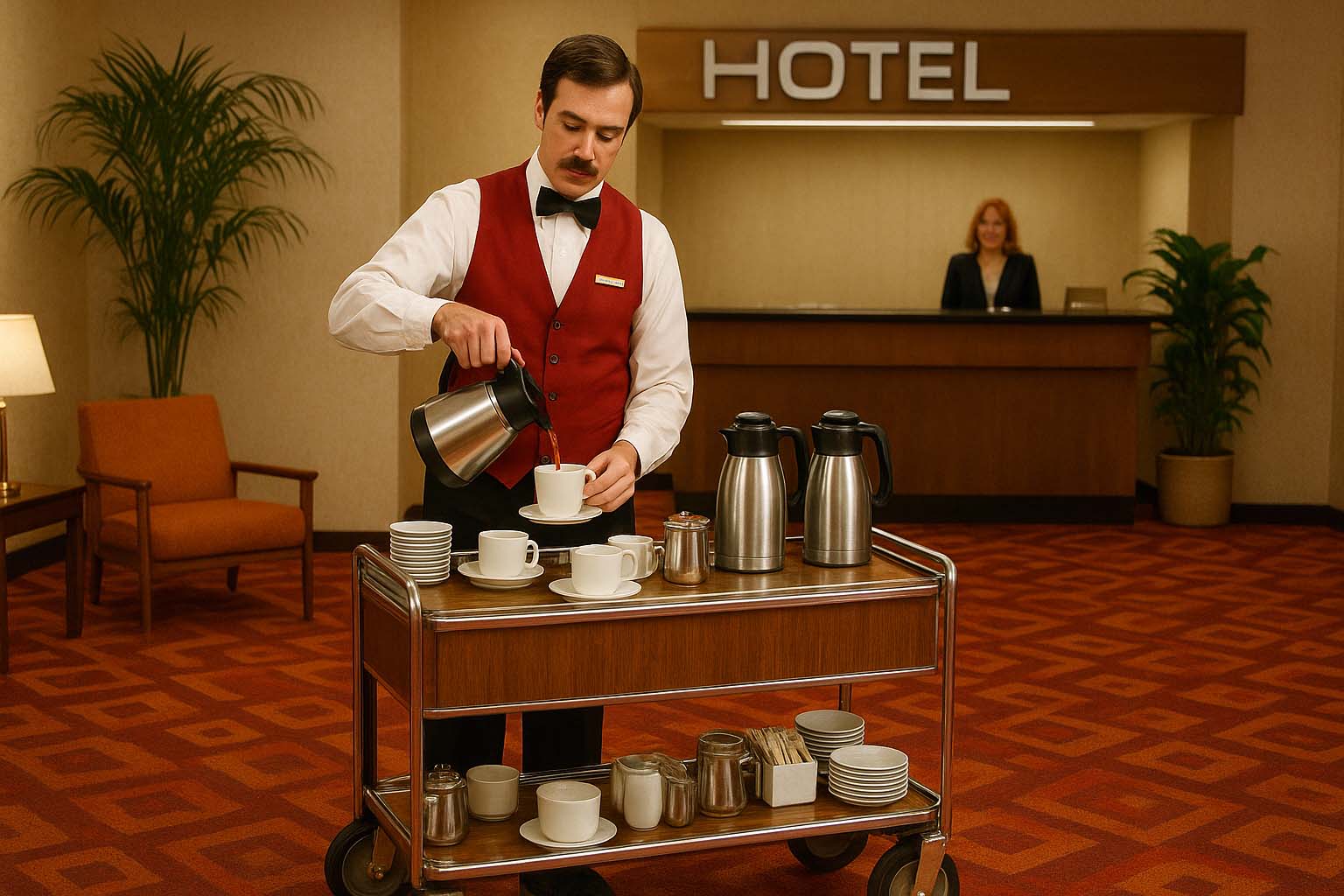 American hotel lobby with waiter serving coffee from a retro mobile coffee cart and bar station.