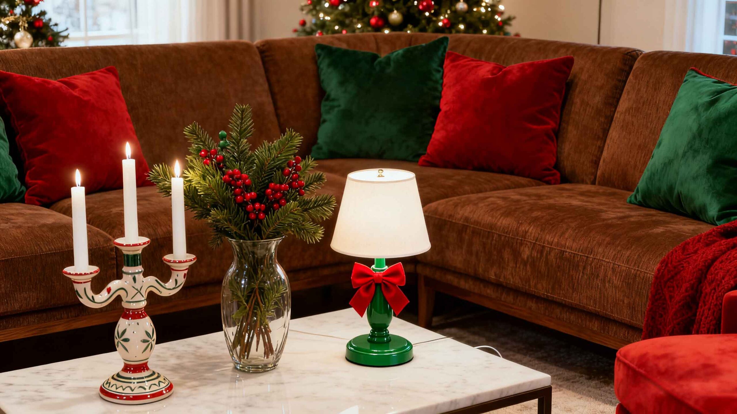 Christmas home decorations, such as candle holders and vases