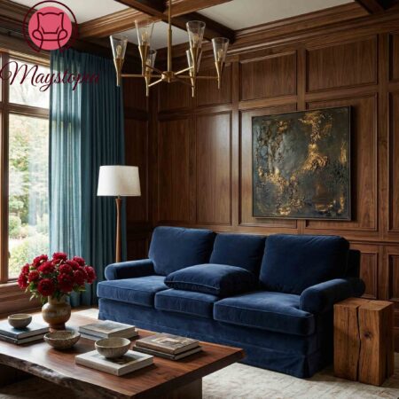 A luxurious blue sofa and richly textured interior design